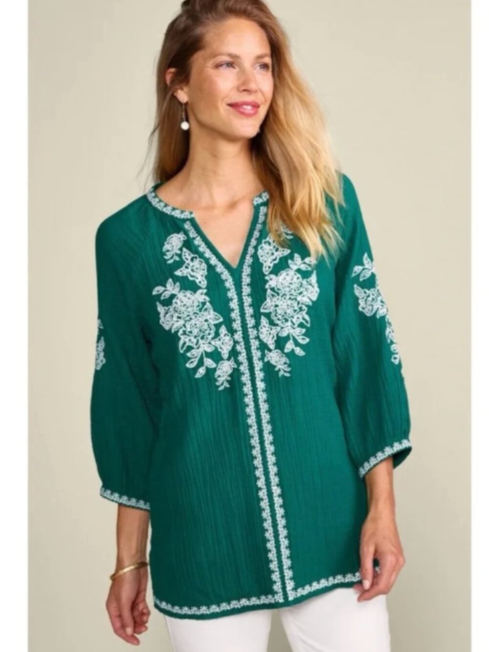 Soft Surroundings Katie Gauze Tunic L Embroidered Green Boho Lagenlook Festival